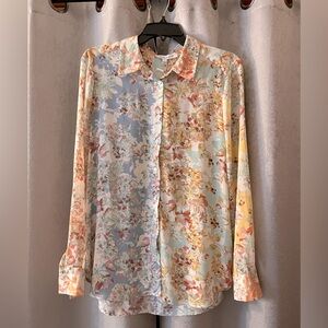 Pastel Floral Garden Boho Print Long Sleeve Buttondown Flowy Blouse